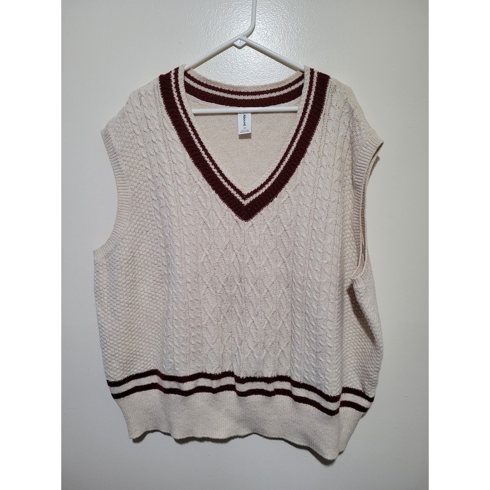 Abound Sweater Vest Mens 3X Cream Burgundy‎ Cable Knit Varsity V-Neck